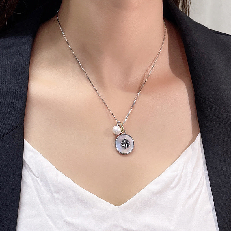 New S925 Silver Baroque Pearl White Mother Shell Blue Eye Necklace Collarbone Chain