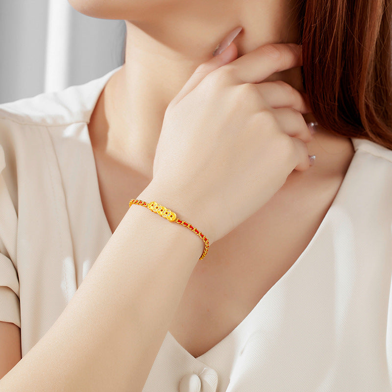 Five Emperors Money Bracelet Red Rope Women's 925 Sterling Silver Year of The Snake Birthday Year Niche Design Hand Jewelry