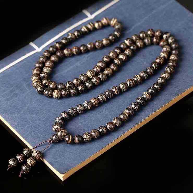 Buddha Life Tiger Skin Pattern Agarwood 108 Buddha Mala Beads Bracelet Necklace