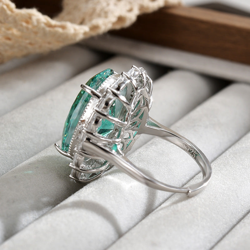 Dapaza S925 Sterling Silver Ring High Luxury Ice Flower Cut Open Ring Green Diamond Ring Women's Fashion Ring