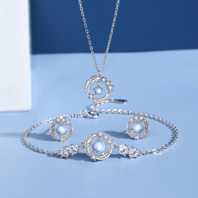 Dapaza S925 Sterling Silver Diamond Moonstone Feather Pendant Necklace