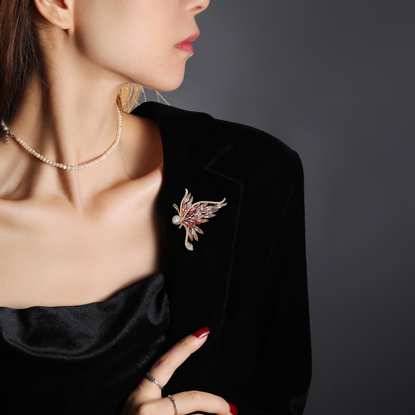 Freshwater Pearl Crystal Butterfly Brooch