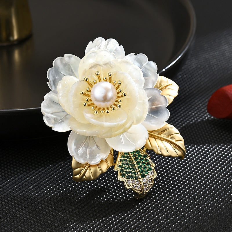 Natural Shell Freshwater Pearl Camellia Brooch