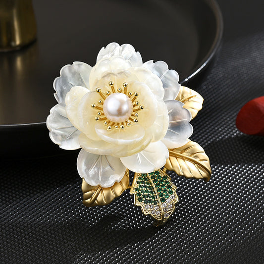 Natural Shell Freshwater Pearl Camellia Brooch