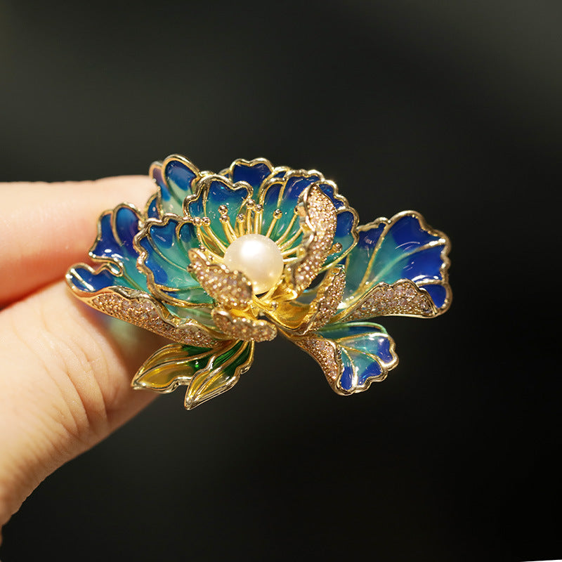 Buddha Life Chinese Style Enamel Freshwater Pearl Peony Brooch