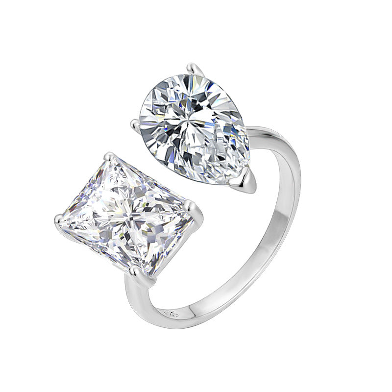 S925 Sterling Silver Ring Water Drop Large Sugar Cube Geometric Design Niche Personality Trend Opening Adjustable Ring