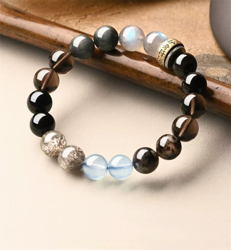 Buddha Life Wu Xing Five Phases Bracelet Obsidian Aquamarine Moonstone Ghost Eagle Eye Crystal Bracelet Men's and Women's