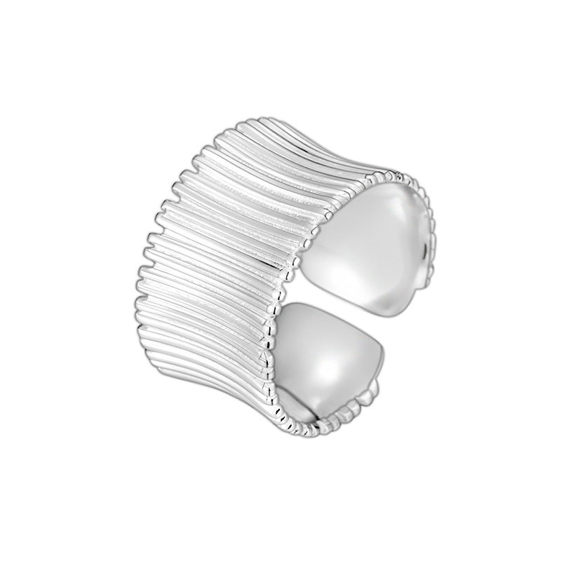 Niche Design 925 Sterling Silver Pleated Wide-sided Geometric Striped Opening Adjustable Ring