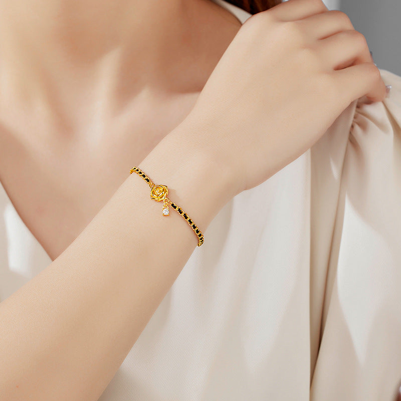 2025 Popular Bracelet Light Luxury High Sense 925 Sterling Silver Black Gold Camellia Woven Hand Jewelry