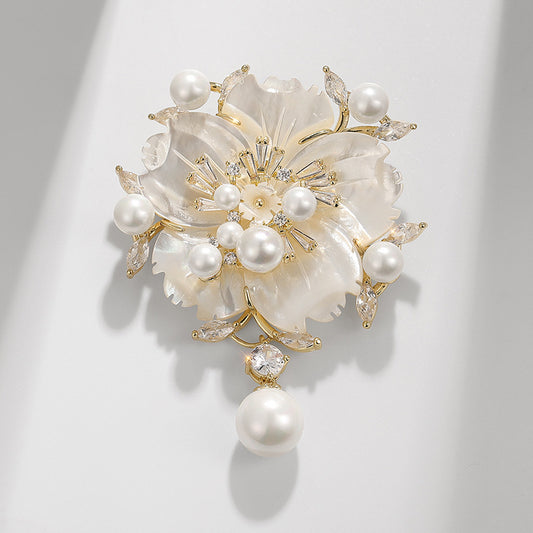 Shell Pearl Zircon Camellia Brooch
