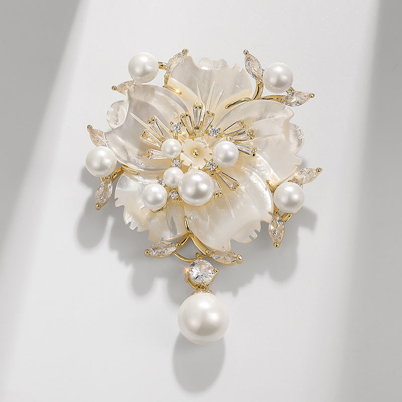 Mother Shell Brooch Pearl Camellia Zircon Corsage