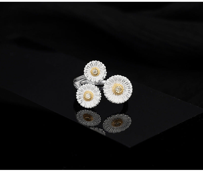 Dapaza Niche Premium Sense S925 Sterling Silver Italian Brushed Vintage Small Daisy Open Ring