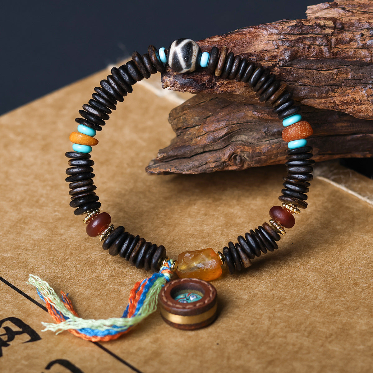 Buddha Life Daragan Agarwood Bracelet Cowhide Sewn Painted Five-way God of Wealth Thangka Pendant Female