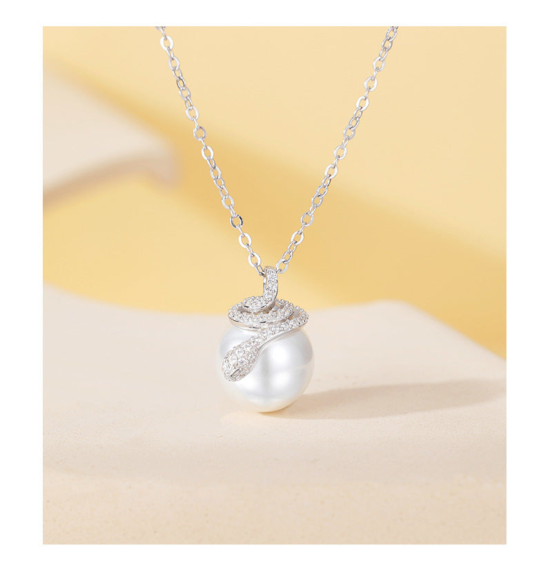 S925 Sterling Silver Aobaibei Bead Necklace with Zirconium Snake Collarbone Chain