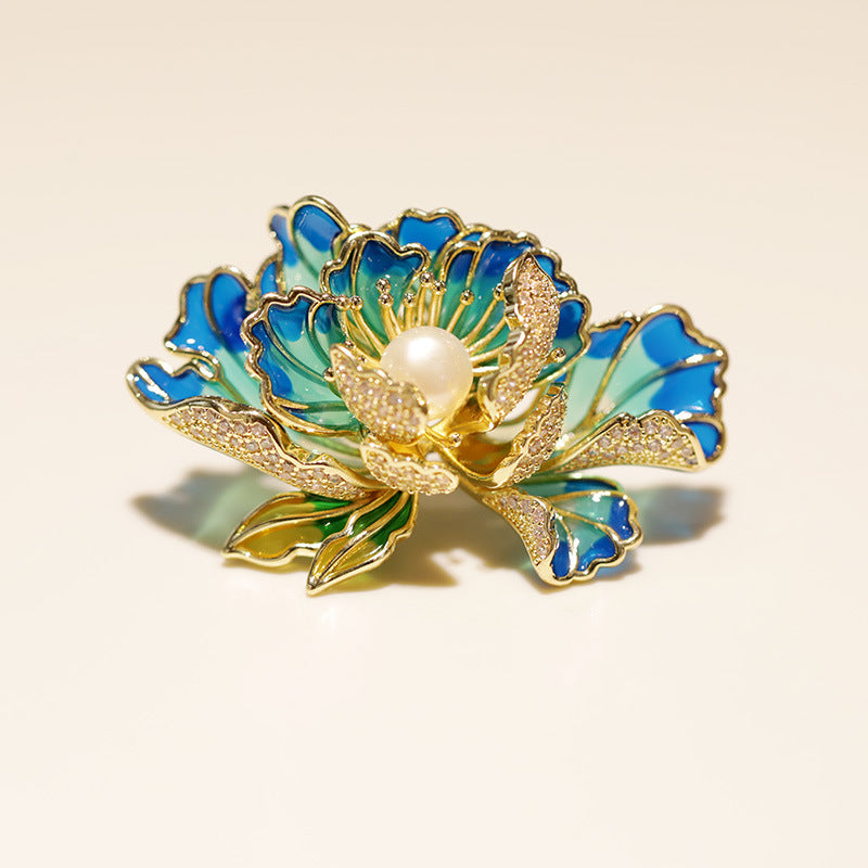 Buddha Life Chinese Style Enamel Freshwater Pearl Peony Brooch