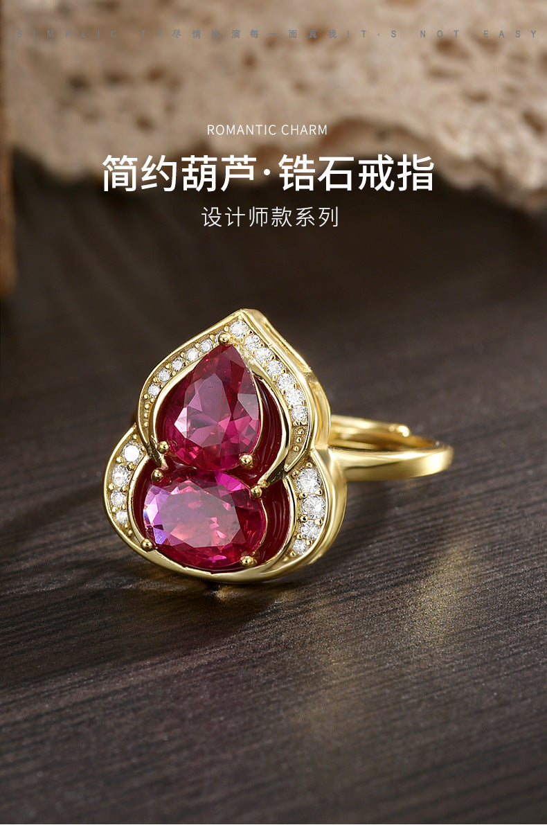 S925 Sterling Silver Luxury Gourd Corundum Ring Gold Diamond Inlaid Adjustable Opening Women's Ring Birthday Gift
