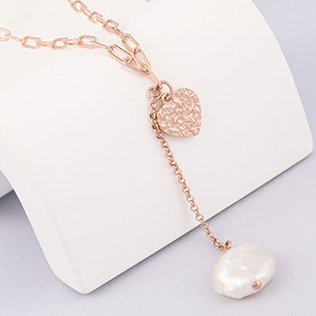 Gold Foil Love Necklace Women's 925 Silver Button Baroque Pearl Collarbone Chain