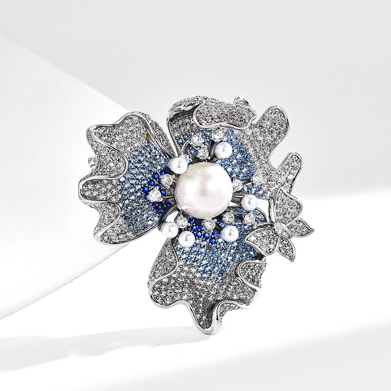 New Elegant Pearl Flower Brooch Retro High-end Full Diamond Zircon Flower Clothing Corsage