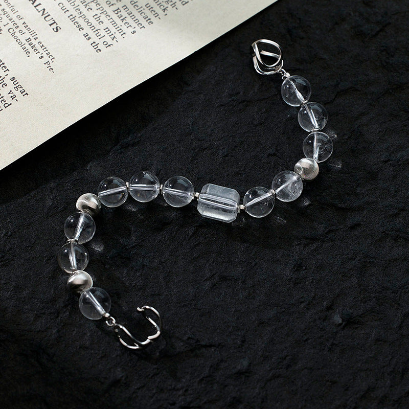 S925 Sterling Silver Natural White Crystal Round Bead 8-character Buckle Bracelet