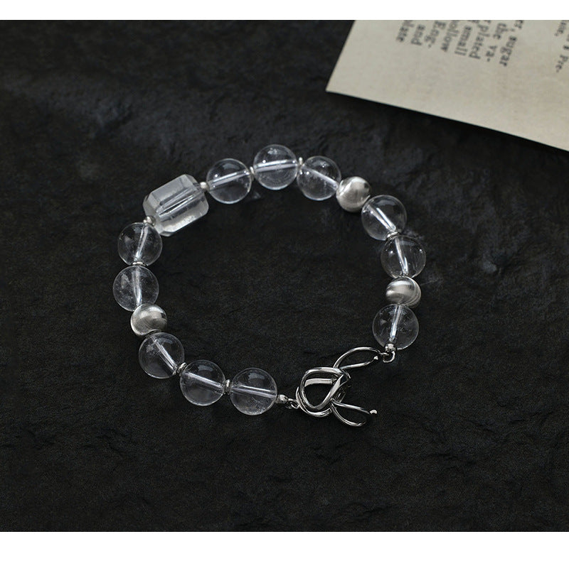 S925 Sterling Silver Natural White Crystal Round Bead 8-character Buckle Bracelet