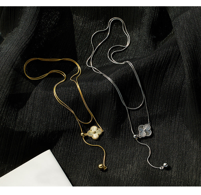 Sweater Chain Autumn and Winter Long 925 Sterling Silver Three-dimensional Lucky Grass Adjustable Necklace