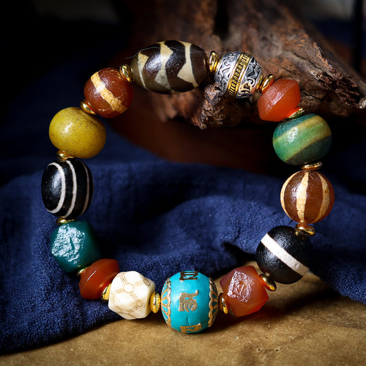 Tibetan Multi-treasure Bracelet, Dzi Bead Old Agate Melon Bead Six-character Motto Accessories Bracelet