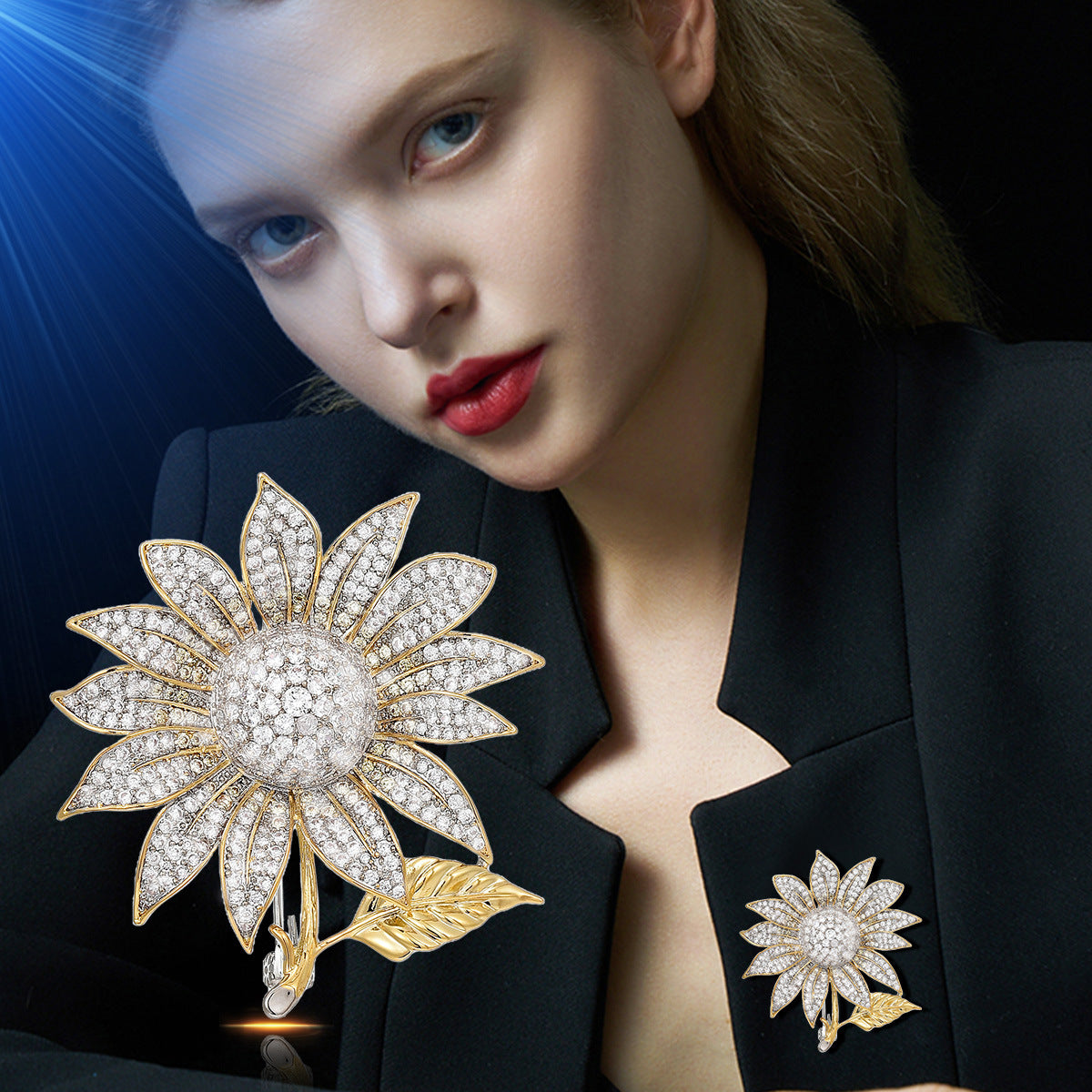 Exaggerated high-end flower brooch European and American niche fashion metal texture elegant sunflower flower pin brooch