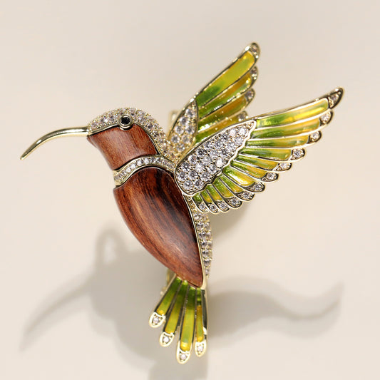 Khaki Nature Enamel Log Hummingbird Brooch Pendant Dual-purpose Corsage Clothing Accessories
