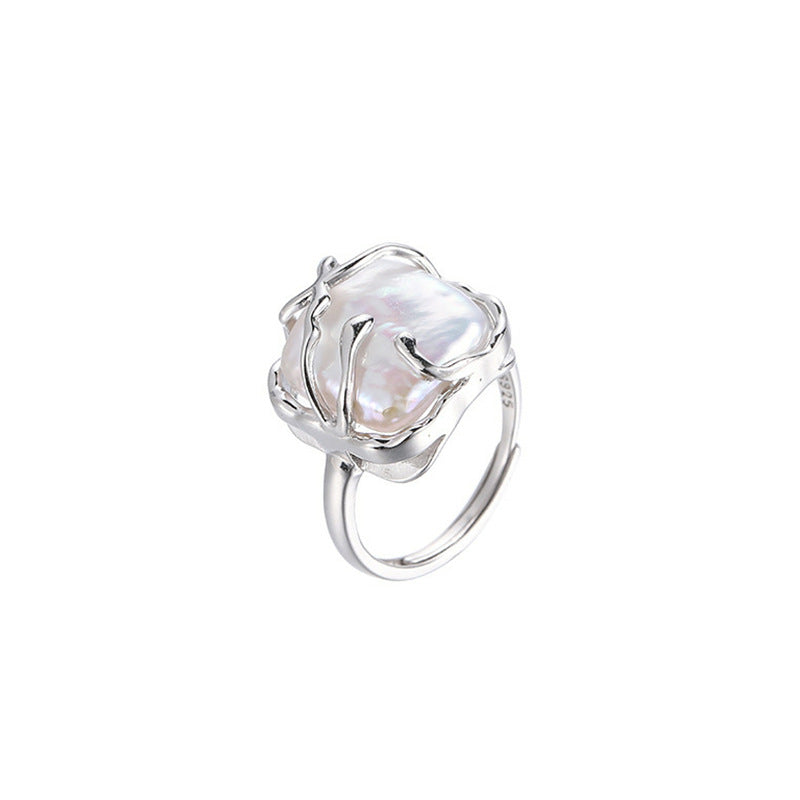 Dapaza S925 Sterling Silver Baroque Square Pearl Ring