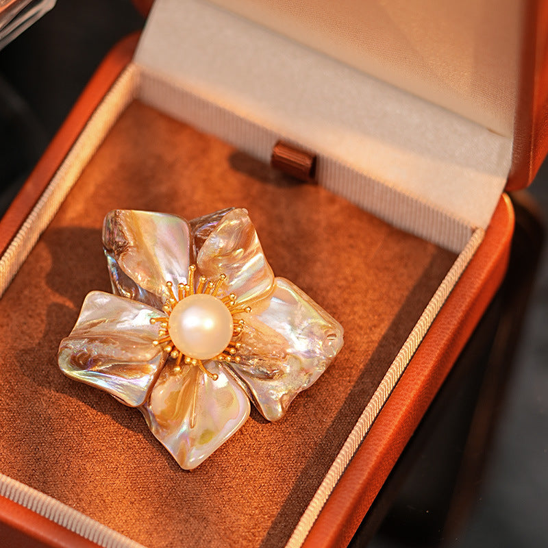 Buddha Life Shaped Baroque Shell Natural Freshwater Pearl Five Leaf Flower Brooch
