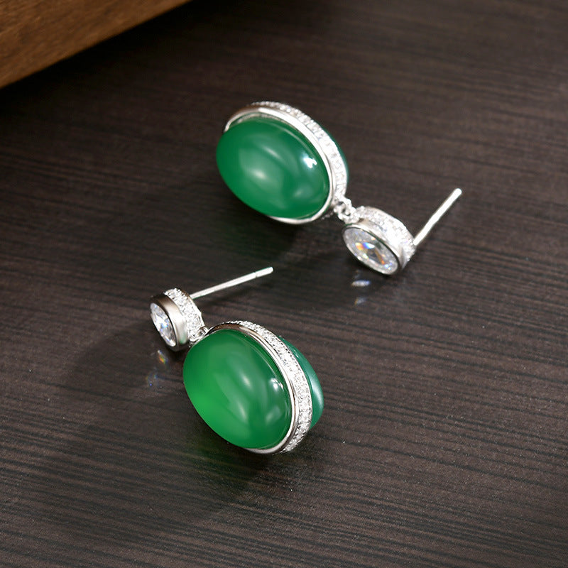 S925 Whole Body Sterling Silver Double-sided Natural Chalcedony Stud Earrings, Earrings, Egg Surface Earrings