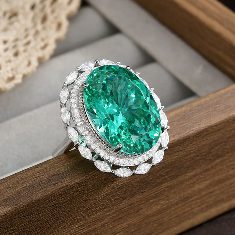 Dapaza S925 Sterling Silver Ring High Luxury Ice Flower Cut Open Ring Green Diamond Ring Women's Fashion Ring