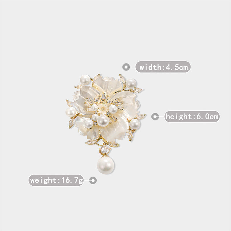 Shell Pearl Zircon Camellia Brooch