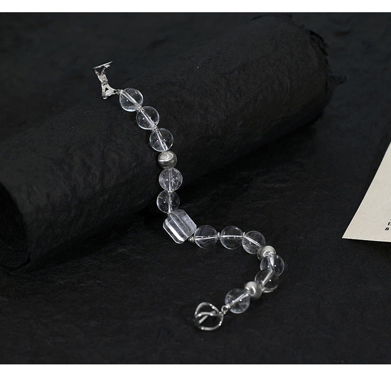 S925 Sterling Silver Natural White Crystal Round Bead 8-character Buckle Bracelet