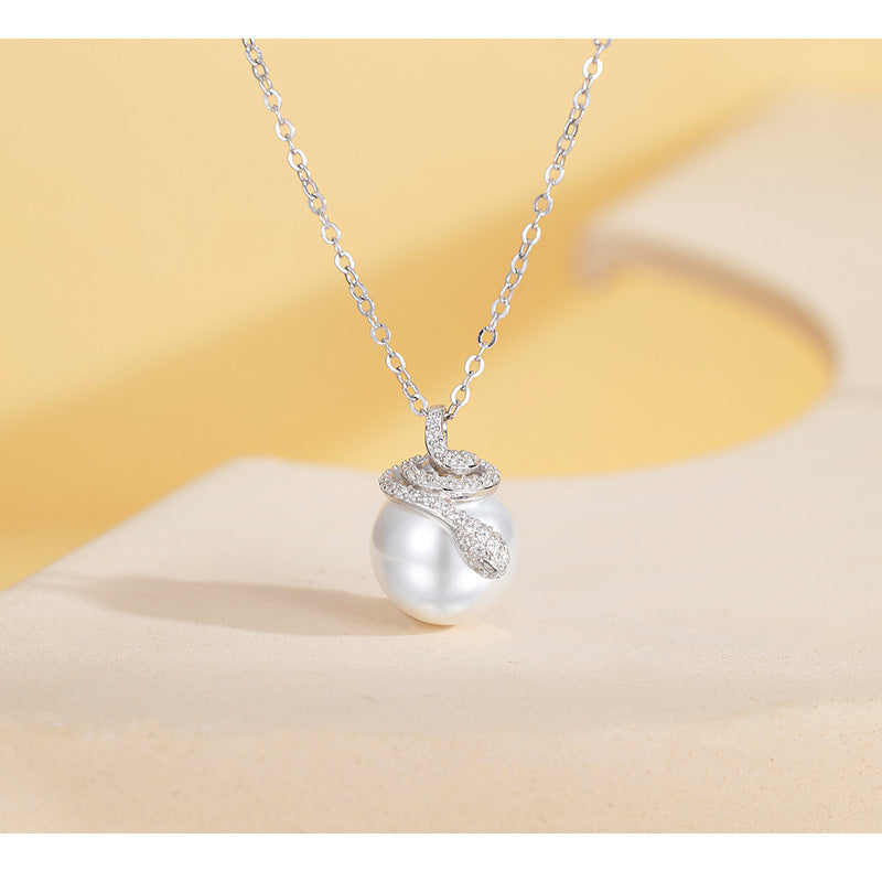 S925 Sterling Silver Aobaibei Bead Necklace with Zirconium Snake Collarbone Chain