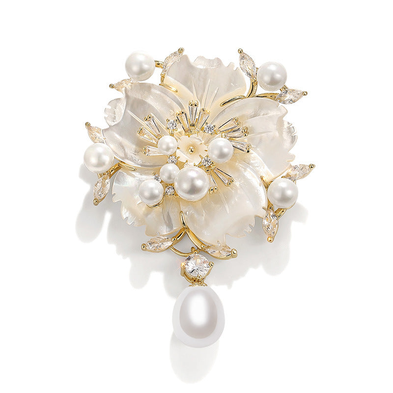 Shell Pearl Zircon Camellia Brooch