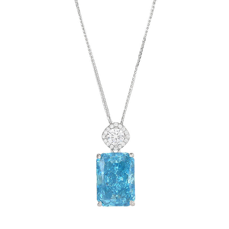 High Sense S925 Silver Necklace Natural Aquamarine Light Luxury Niche Pendant Sugar Cube Fashion High Sense Collarbone Chain