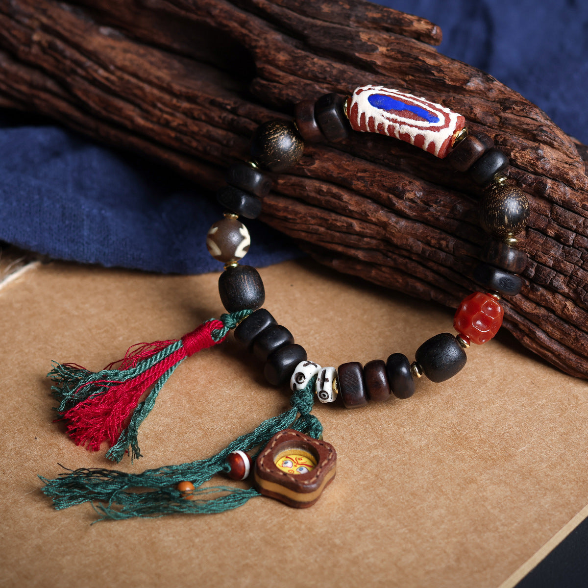 Buddha Life Daragan Agarwood Bracelet Cowhide Sewn Painted Five-way God of Wealth Thangka Pendant Female