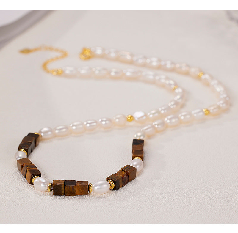 Maillard Style 925 Sterling Silver Tiger’s Eye & Pearl Necklace