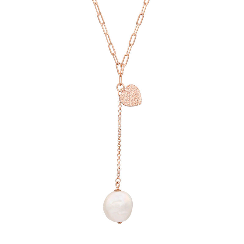Gold Foil Love Necklace Women's 925 Silver Button Baroque Pearl Collarbone Chain