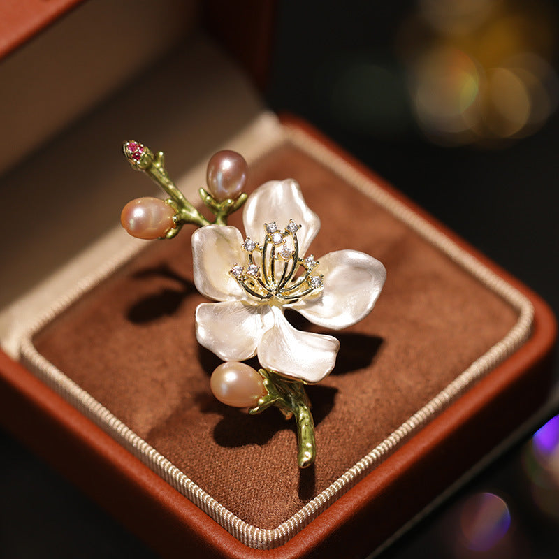 Elegant Classic Enamel Freshwater Pearl Peach Blossom Brooch - Luxurious Pin Gift