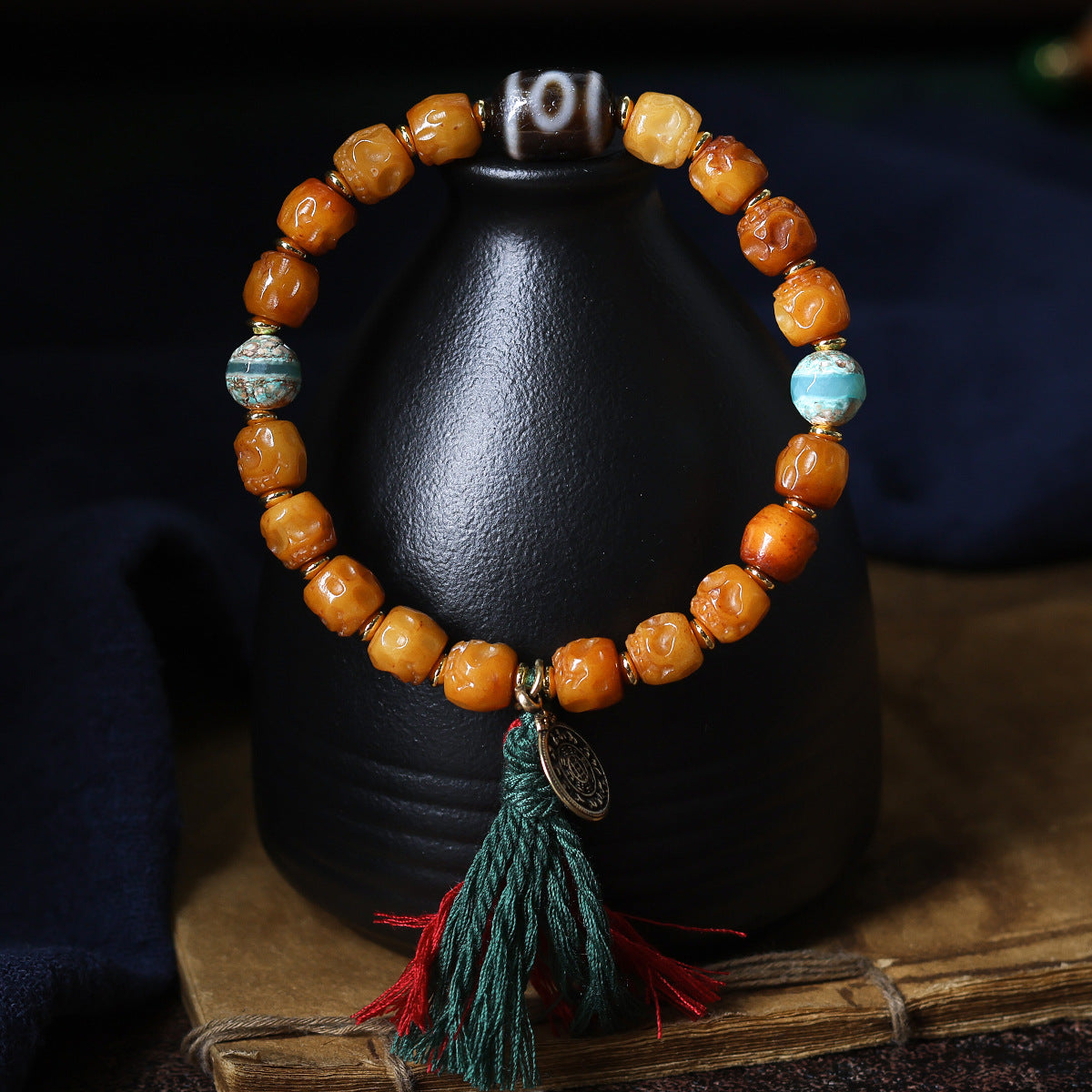 Buddha Life Tibetan Ornament Yak Bone Bracelet Two-eye Dzi Bead Bracelet.