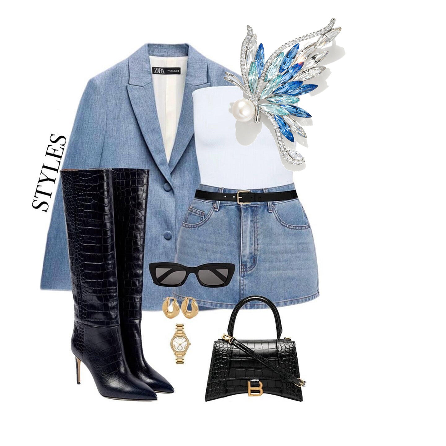 Freshwater Pearl Crystal Butterfly Brooch