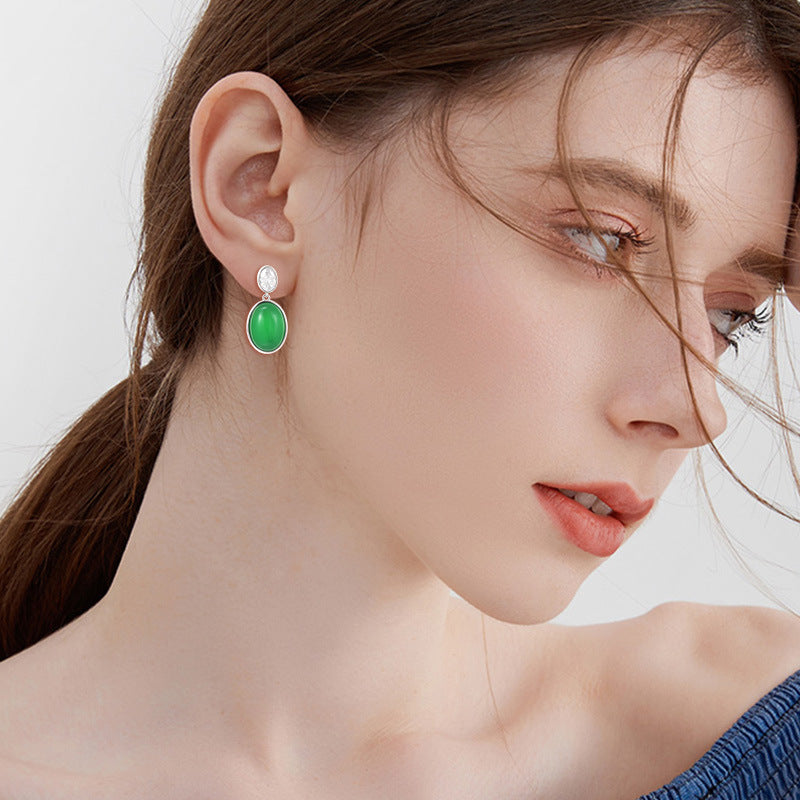S925 Whole Body Sterling Silver Double-sided Natural Chalcedony Stud Earrings, Earrings, Egg Surface Earrings
