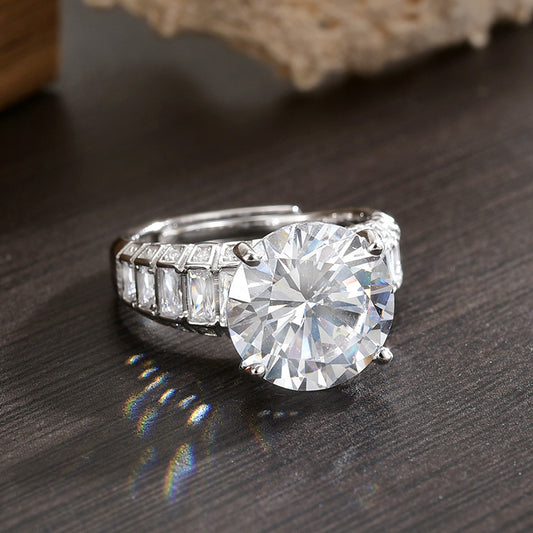 High-end French Super Flash Bright Mozzarella Diamond Large Carat Round S925 Sterling Silver Ring Light Luxury Open Women's Ring