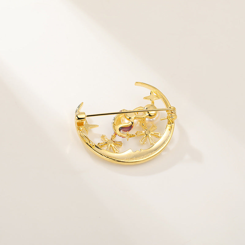 Zircon Moon Snowman Brooch, Freshwater Pearl Oil Christmas Gift Pin