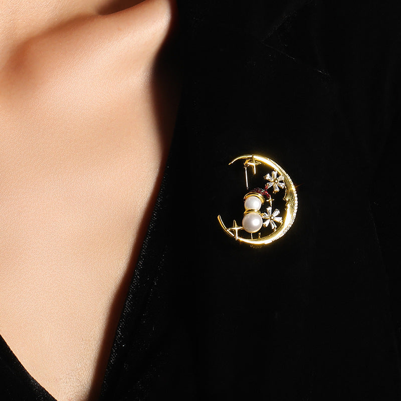 Zircon Moon Snowman Brooch, Freshwater Pearl Oil Christmas Gift Pin