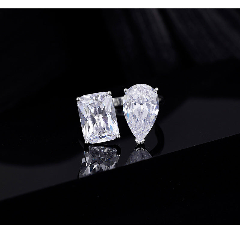 S925 Sterling Silver Ring Water Drop Large Sugar Cube Geometric Design Niche Personality Trend Opening Adjustable Ring