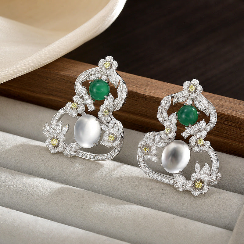 S925 Sterling Silver Earrings Women's High-end Sense Hollow Chalcedony Gourd Stud Earrings Exquisite Creative Versatile Earrings