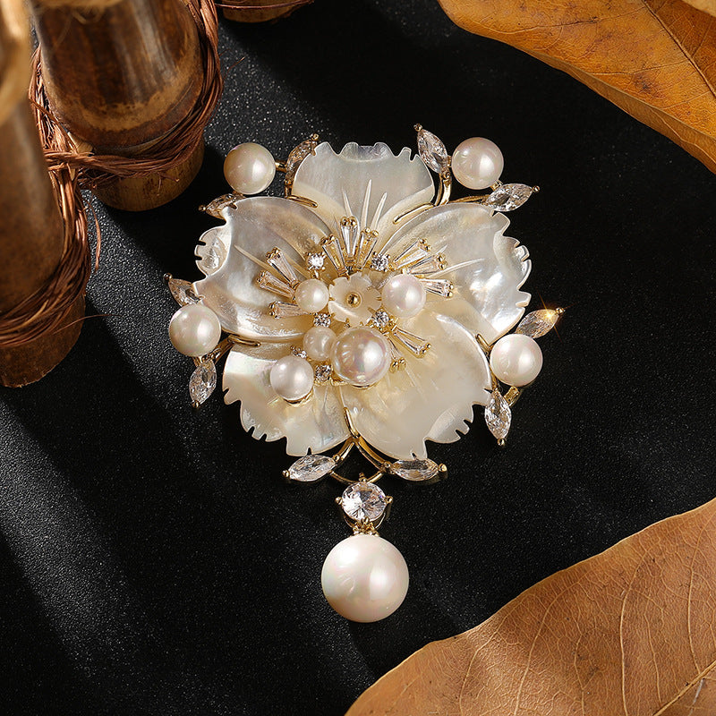Mother Shell Brooch Pearl Camellia Zircon Corsage